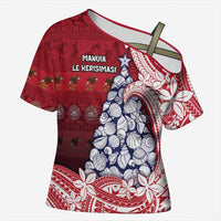 American Samoa Christmas Cross Shoulder Shirt Seashell Xmas Tree Tribal Waves DT05 Female Red - Polynesian Pride
