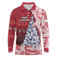 American Samoa Christmas Long Sleeve Polo Shirt Seashell Xmas Tree Tribal Waves DT05 Red - Polynesian Pride