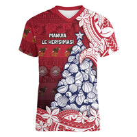 American Samoa Christmas Women V-Neck T-Shirt Seashell Xmas Tree Tribal Waves DT05 Female Red - Polynesian Pride