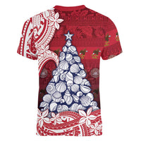 American Samoa Christmas Women V-Neck T-Shirt Seashell Xmas Tree Tribal Waves DT05 - Polynesian Pride