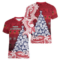 American Samoa Christmas Women V-Neck T-Shirt Seashell Xmas Tree Tribal Waves DT05 - Polynesian Pride