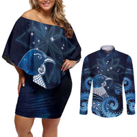 New Zealand Matariki Couples Matching Off Shoulder Short Dress and Long Sleeve Button Shirt Maori Tui Bird Blue Galaxy