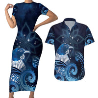 New Zealand Matariki Couples Matching Short Sleeve Bodycon Dress and Hawaiian Shirt Maori Tui Bird Blue Galaxy