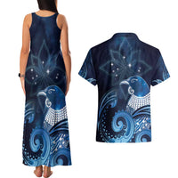 New Zealand Matariki Couples Matching Tank Maxi Dress and Hawaiian Shirt Maori Tui Bird Blue Galaxy