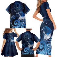 New Zealand Matariki Family Matching Short Sleeve Bodycon Dress and Hawaiian Shirt Maori Tui Bird Blue Galaxy