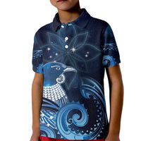 New Zealand Matariki Kid Polo Shirt Maori Tui Bird Blue Galaxy