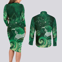 New Zealand Matariki Couples Matching Long Sleeve Bodycon Dress and Long Sleeve Button Shirt Maori Tui Bird Green Galaxy