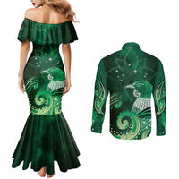 New Zealand Matariki Couples Matching Mermaid Dress and Long Sleeve Button Shirt Maori Tui Bird Green Galaxy