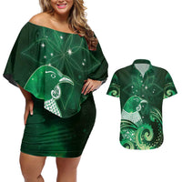 New Zealand Matariki Couples Matching Off Shoulder Short Dress and Hawaiian Shirt Maori Tui Bird Green Galaxy