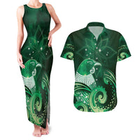 New Zealand Matariki Couples Matching Tank Maxi Dress and Hawaiian Shirt Maori Tui Bird Green Galaxy