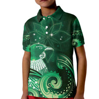 New Zealand Matariki Kid Polo Shirt Maori Tui Bird Green Galaxy