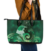 New Zealand Matariki Leather Tote Bag Maori Tui Bird Green Galaxy