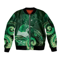 New Zealand Matariki Sleeve Zip Bomber Jacket Maori Tui Bird Green Galaxy