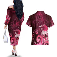 New Zealand Matariki Couples Matching Off The Shoulder Long Sleeve Dress and Hawaiian Shirt Maori Tui Bird Magenta Galaxy