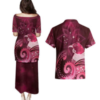 New Zealand Matariki Couples Matching Puletasi and Hawaiian Shirt Maori Tui Bird Magenta Galaxy