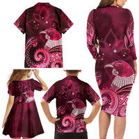 New Zealand Matariki Family Matching Long Sleeve Bodycon Dress and Hawaiian Shirt Maori Tui Bird Magenta Galaxy