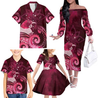 New Zealand Matariki Family Matching Off The Shoulder Long Sleeve Dress and Hawaiian Shirt Maori Tui Bird Magenta Galaxy