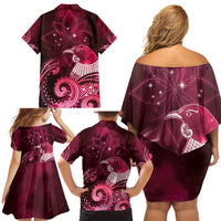 New Zealand Matariki Family Matching Off Shoulder Short Dress and Hawaiian Shirt Maori Tui Bird Magenta Galaxy