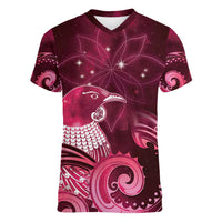 New Zealand Matariki Women V-Neck T-Shirt Maori Tui Bird Magenta Galaxy