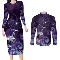 New Zealand Matariki Couples Matching Long Sleeve Bodycon Dress and Long Sleeve Button Shirt Maori Tui Bird Purple Galaxy