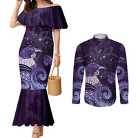 New Zealand Matariki Couples Matching Mermaid Dress and Long Sleeve Button Shirt Maori Tui Bird Purple Galaxy
