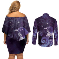 New Zealand Matariki Couples Matching Off Shoulder Short Dress and Long Sleeve Button Shirt Maori Tui Bird Purple Galaxy