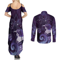 New Zealand Matariki Couples Matching Summer Maxi Dress and Long Sleeve Button Shirt Maori Tui Bird Purple Galaxy
