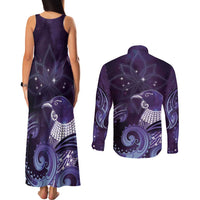 New Zealand Matariki Couples Matching Tank Maxi Dress and Long Sleeve Button Shirt Maori Tui Bird Purple Galaxy