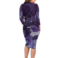 New Zealand Matariki Family Matching Long Sleeve Bodycon Dress and Hawaiian Shirt Maori Tui Bird Purple Galaxy
