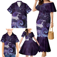 New Zealand Matariki Family Matching Mermaid Dress and Hawaiian Shirt Maori Tui Bird Purple Galaxy