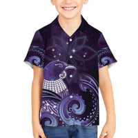 New Zealand Matariki Family Matching Off The Shoulder Long Sleeve Dress and Hawaiian Shirt Maori Tui Bird Purple Galaxy