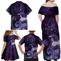 New Zealand Matariki Family Matching Off Shoulder Maxi Dress and Hawaiian Shirt Maori Tui Bird Purple Galaxy