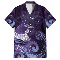 New Zealand Matariki Family Matching Off Shoulder Short Dress and Hawaiian Shirt Maori Tui Bird Purple Galaxy