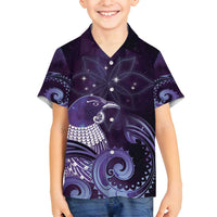 New Zealand Matariki Family Matching Off Shoulder Short Dress and Hawaiian Shirt Maori Tui Bird Purple Galaxy
