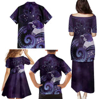 New Zealand Matariki Family Matching Puletasi and Hawaiian Shirt Maori Tui Bird Purple Galaxy