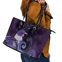 New Zealand Matariki Leather Tote Bag Maori Tui Bird Purple Galaxy