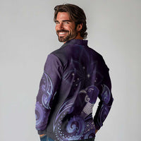 New Zealand Matariki Long Sleeve Polo Shirt Maori Tui Bird Purple Galaxy