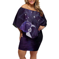 New Zealand Matariki Off Shoulder Short Dress Maori Tui Bird Purple Galaxy