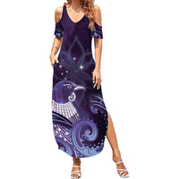New Zealand Matariki Summer Maxi Dress Maori Tui Bird Purple Galaxy