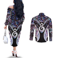 New Zealand Aotearoa Couples Matching Off The Shoulder Long Sleeve Dress and Long Sleeve Button Shirt Pikorua Single Twist Pink Paua Shell