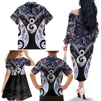 New Zealand Aotearoa Family Matching Off The Shoulder Long Sleeve Dress and Hawaiian Shirt Pikorua Single Twist Pink Paua Shell