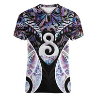 New Zealand Aotearoa Women V-Neck T-Shirt Pikorua Single Twist Pink Paua Shell