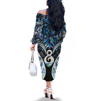 New Zealand Aotearoa Family Matching Off The Shoulder Long Sleeve Dress and Hawaiian Shirt Pikorua Single Twist Green Paua Shell