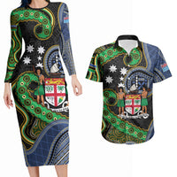South Sea Islanders And Fiji Couples Matching Long Sleeve Bodycon Dress and Hawaiian Shirt Fijian Coat Of Arms And Southern Cross DT05 Black - Polynesian Pride