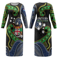South Sea Islanders And Fiji Couples Matching Long Sleeve Bodycon Dress and Hawaiian Shirt Fijian Coat Of Arms And Southern Cross DT05 - Polynesian Pride