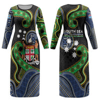 South Sea Islanders And Fiji Couples Matching Long Sleeve Bodycon Dress and Hawaiian Shirt Fijian Coat Of Arms And Southern Cross DT05 - Polynesian Pride