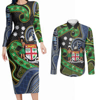 South Sea Islanders And Fiji Couples Matching Long Sleeve Bodycon Dress and Long Sleeve Button Shirt Fijian Coat Of Arms And Southern Cross DT05 Black - Polynesian Pride