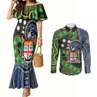 South Sea Islanders And Fiji Couples Matching Mermaid Dress and Long Sleeve Button Shirt Fijian Coat Of Arms And Southern Cross DT05 Black - Polynesian Pride