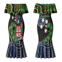 South Sea Islanders And Fiji Couples Matching Mermaid Dress and Long Sleeve Button Shirt Fijian Coat Of Arms And Southern Cross DT05 - Polynesian Pride