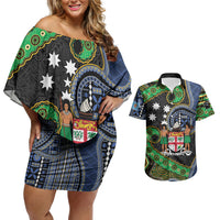 South Sea Islanders And Fiji Couples Matching Off Shoulder Short Dress and Hawaiian Shirt Fijian Coat Of Arms And Southern Cross DT05 Black - Polynesian Pride